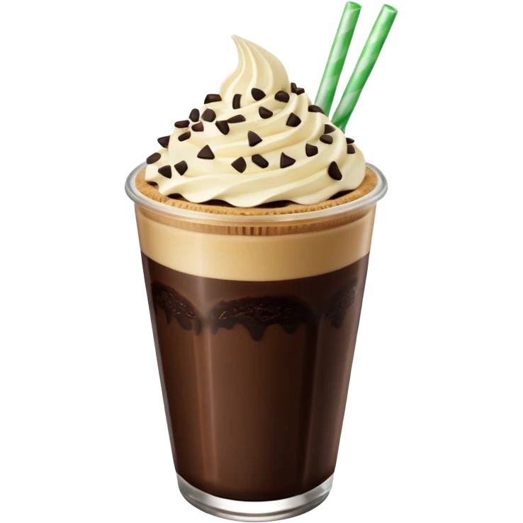 Vaso de vidrio con Frappé color café, crema en la parte superior con popote verde insertado en la crema, agregar encima de la crema chispas de chocolate y una galleta redonda color café oscuro tipo Oreo. emoji