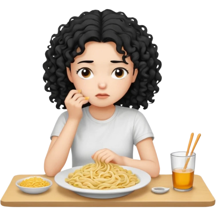 generate a pretty bratz fair skinned girl with curly black hair wearing a white tshirt sitting on a table with noodles. looking sleepy and tired emoji