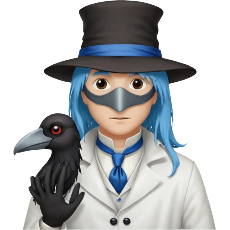 Plague Doctor with light-blue beautiful hair, handsome sexy, long hair tendril bangs down on the sides, white lab coat, blue cravat, black feathers on shoulder, raven companion, black gloves, red eyes emoji