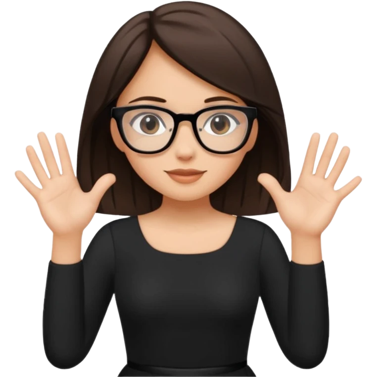 a cute white brunette girl in a black dress wearing glasses  with two hands  emoji