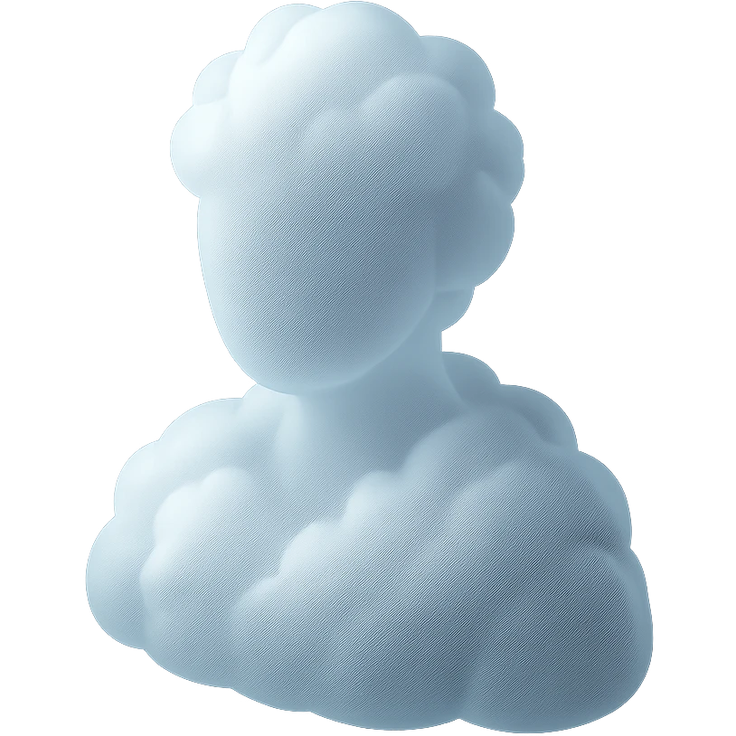 front view, person shoulder up, made entirely of white fluffy clouds, matte glass style emoji