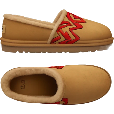 Ugg Camel slip-on slippers. A thin red zig-zag circling on cuff, and a high chunky thick platform sole. emoji