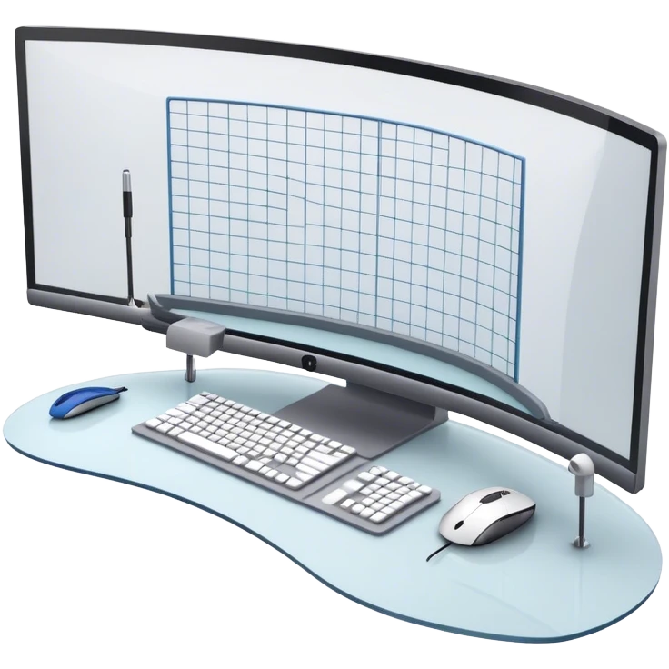 Create an emoji for 3D visualization and modeling. Show a 3D object like room model with grid lines on a big curved monitor. Add a modeling tool a mouse and stylus. Use modern, professional colors. Do not include any emojis or smiley faces. Make the background transparent. emoji