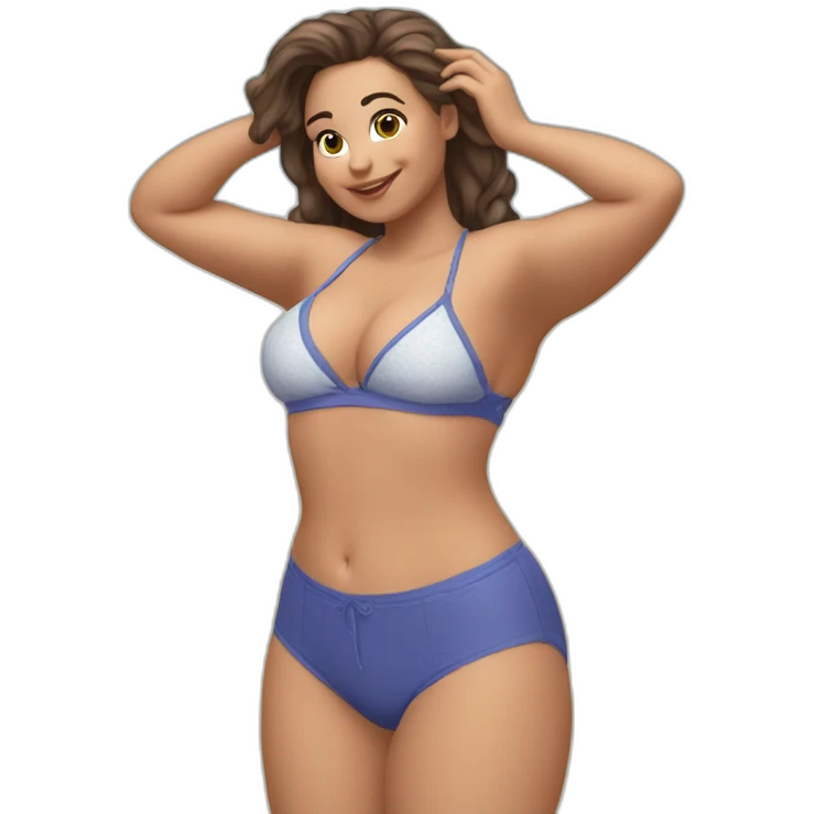 Slim-thicc Caucasian woman small panties hands-in-hair pose (beach body) full body emoji