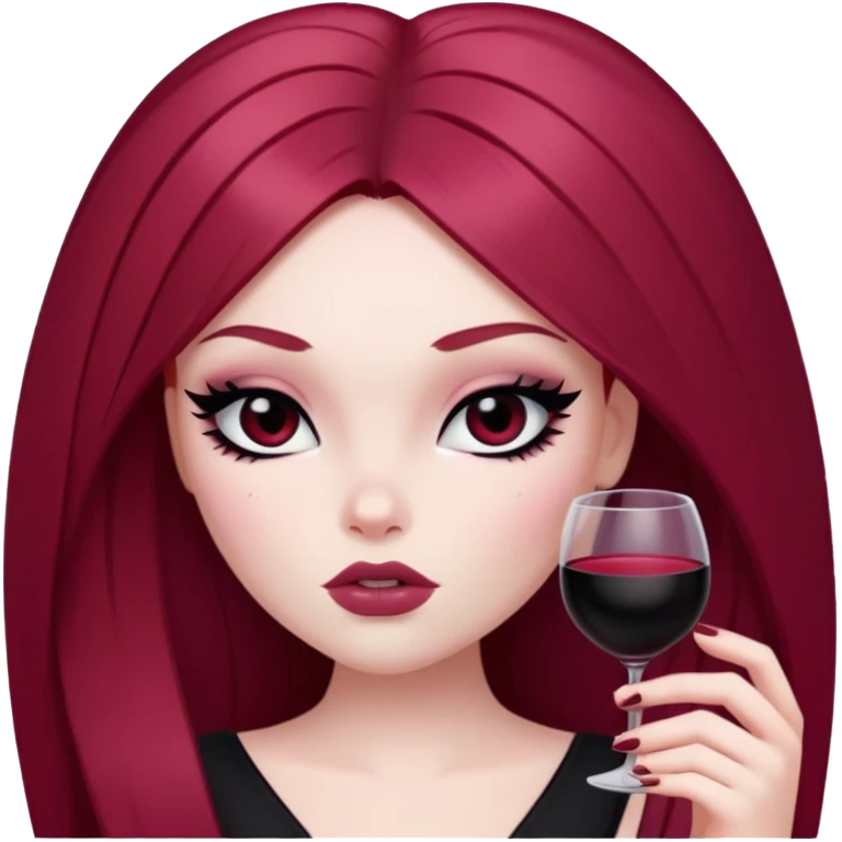 straight long wine red hair, pale skin, dark black eyes, pretty bratz baddie, black eyeliner, blush emoji