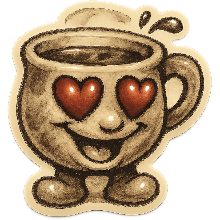Ink wash style, coffee cup creature, big heart eyes, dopey smile emoji