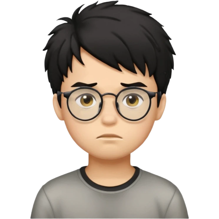 
young boy, 18 years old, messy black hair, glasses, sad face emoji emoji