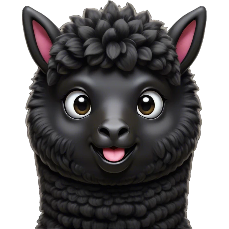 Cinematic Comical Black Alpaca Portrait Emoji, Head tilted dramatically with an exaggeratedly amused expression, featuring a striking jet-black fleece with playful texture, wide, expressive dark eyes filled with playful disbelief, Simplified yet hilariously expressive features, highly detailed, glowing with a slightly sassy glow, high shine, dramatic yet playful, stylized with an air of cheeky mischief, bright and endearing, soft glowing outline, capturing the essence of a spirited and over-the-top alpaca, so meme-worthy it feels like it could side-eye its way into internet fame instantly! emoji