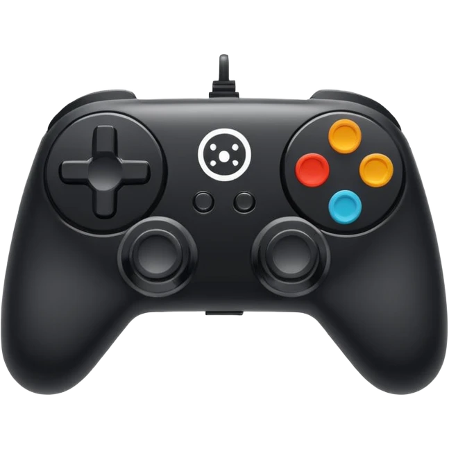 Minimalistic flat vector icon, iOS style, thin black contour on white background. Game controller with a gear symbol. Clean, no text, no shadows emoji