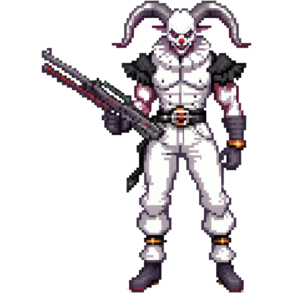 full-body muscular demonic clown, battle-ready, black and white leisure suit with bellbottom pants, bald, black ram horns, flashy black and white belt, ruffled white shirt, no neck tie, large fangs, holding very large futuristic rifle emoji
