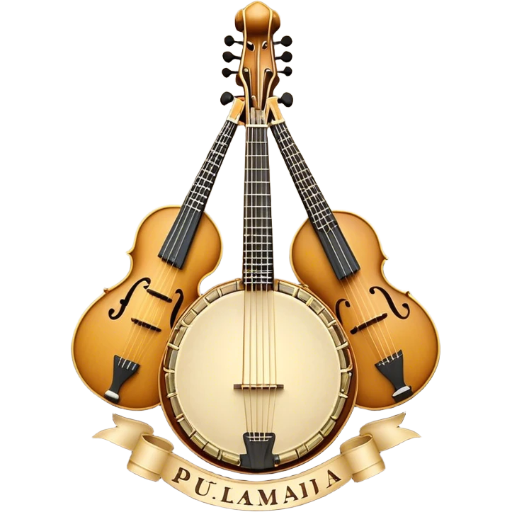 Design a sophisticated, festive, and professional emblem-like emoji representing both plucked and string instruments. The composition should resemble a heraldic crest, featuring a harmonious blend of instruments like a banjo, mandolin, domra, sitar, and others. The necks of these instruments should intertwine gracefully with a flowing ribbon of musical notes, wrapping around the strings and headstocks. The instruments should be artistically detailed, with decorative fretboards, intricate inlays, and ornate carved elements. The overall design should evoke a sense of elegance and craftsmanship, with a color palette of gold, deep wood tones, and rich accents. Include subtle highlights to create depth and dimension, with ornamental flourishes like laurel branches or swirling patterns around the central instruments. The background should be transparent to allow the emblem to stand alone. emoji