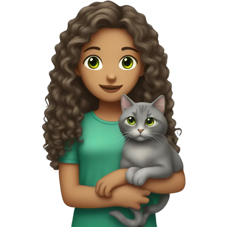Long Curly hair girl with brown eyes holding a grey cat with green eyes emoji