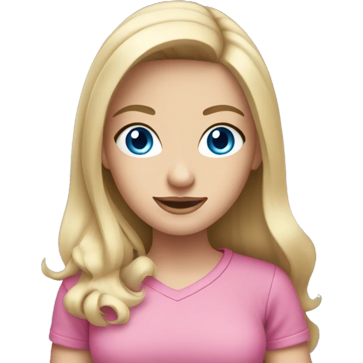 a blue eyed white dark blond hair girl wearing a pink shirt holding a pink iphone  emoji