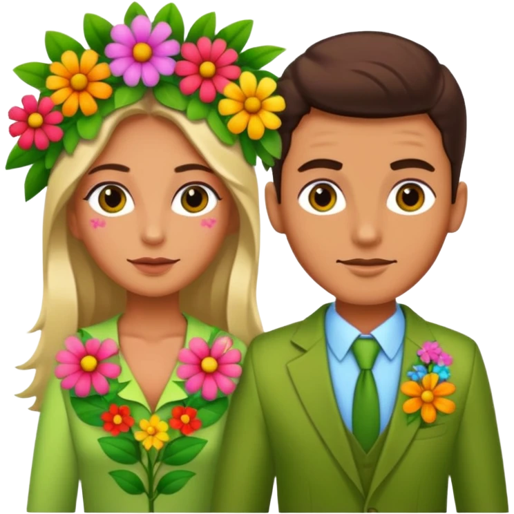 Adam and Eve dressed in clothes made of flowers and plants emoji