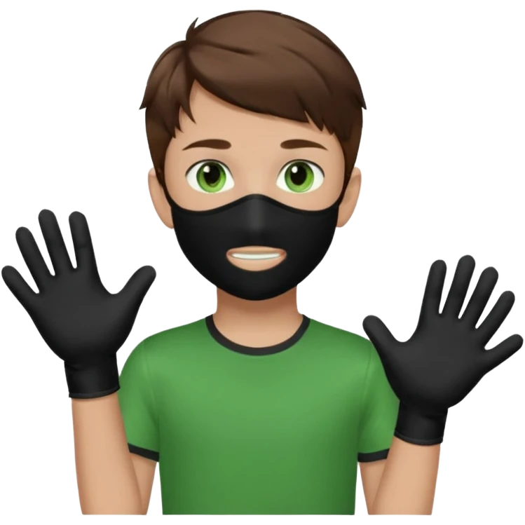 Chico de pelo marrón y ojos verdes. Con un cubre bocas negro, que tiene una camisa verde por encima de una remera blanca, y tiene un guante negro en una sola de las manos. emoji