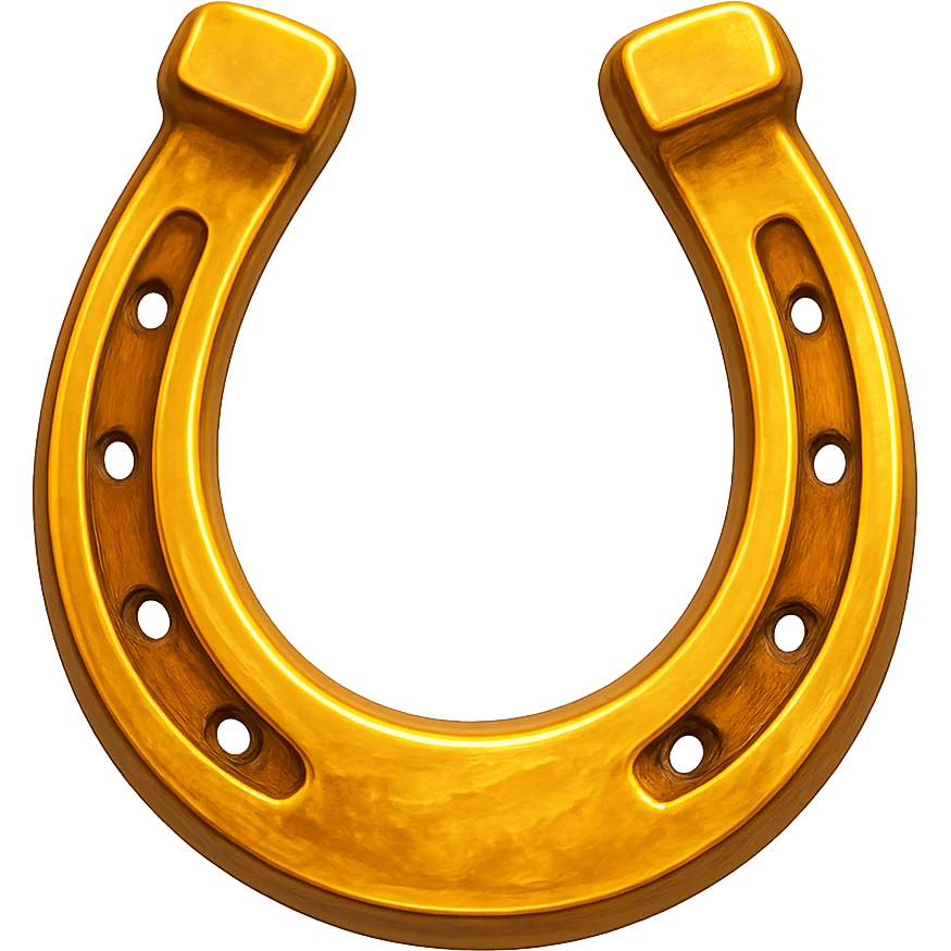 В cлегка рисованной, но при этом объемной и яркой стилистике сгенерируй картинку фотореалистичный золотой подковы, прозрачный фон emoji