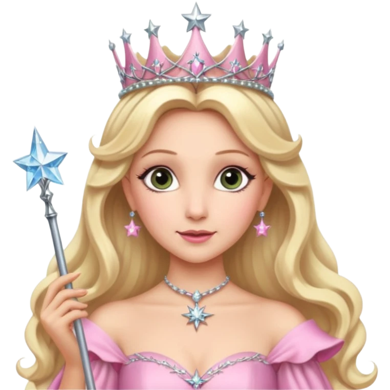 glinda the good witch from wicked movie (ariana) blonde hair, beautiful, big silver thin tiara, star wand, pink gown emoji
