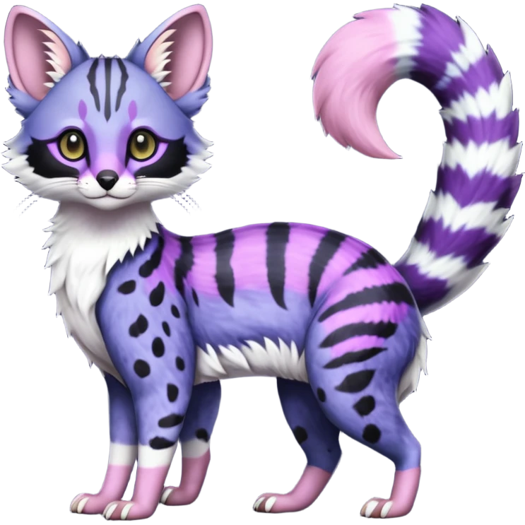 Beautiful fluffy elegant spotted dotted thick puffy hyper-realistic lifelike furry Indigo, purple, violet, pink, Civet-Genet-Possum-Serval-Caracal-Sergal-Trico-Numbat-Furret-fusion-Fakemon-hybrid-creature (full body) with long tufted ears and a striped tufted tail  emoji