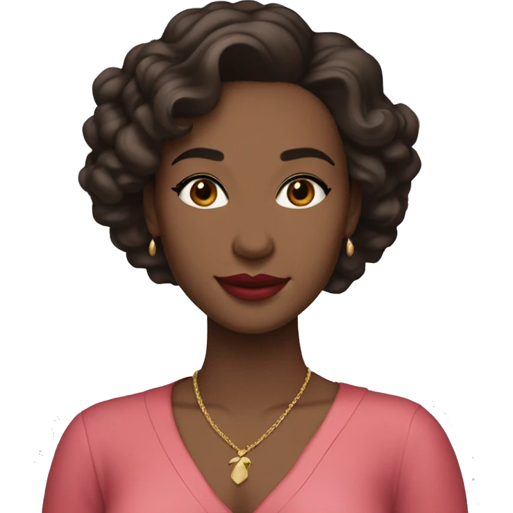 She has soft features, fair skin, and almond-shaped eyes. Her defined eyebrows and natural pink lips frame her face. Her dark, wavy hair is partially tied back, giving her an elegant yet relaxed look. She wears a luxurious red V-neck dress.
 emoji