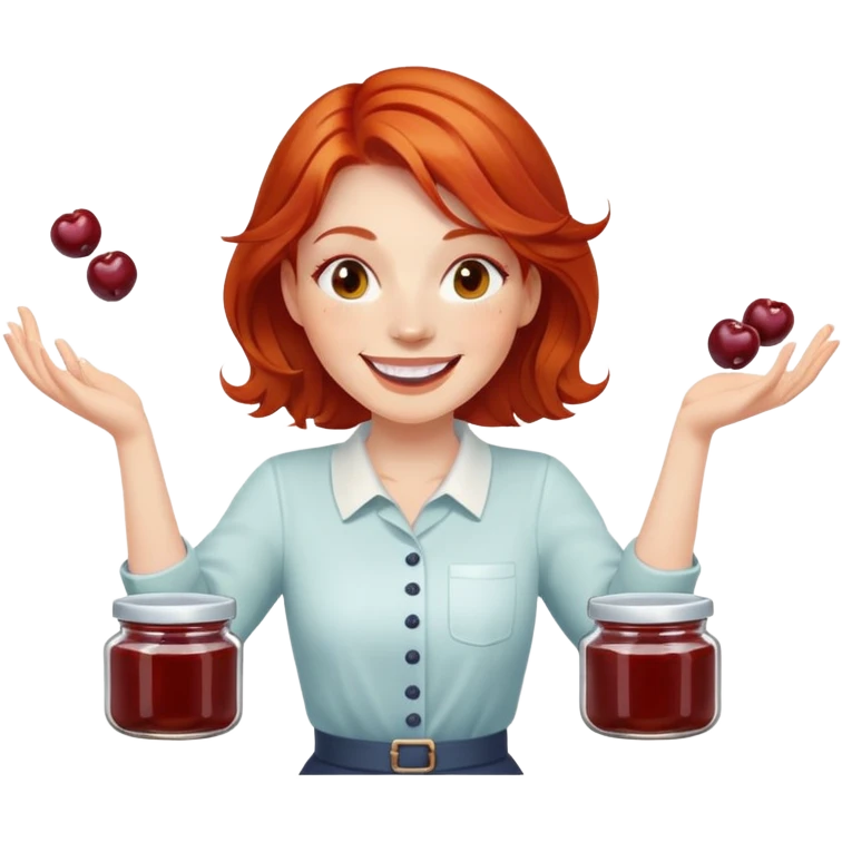 redhead woman juggling with 3 glass jars with jam emoji