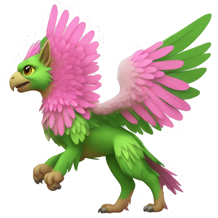 Full-body green gryphon with pink wings and pink tail-feathers emoji