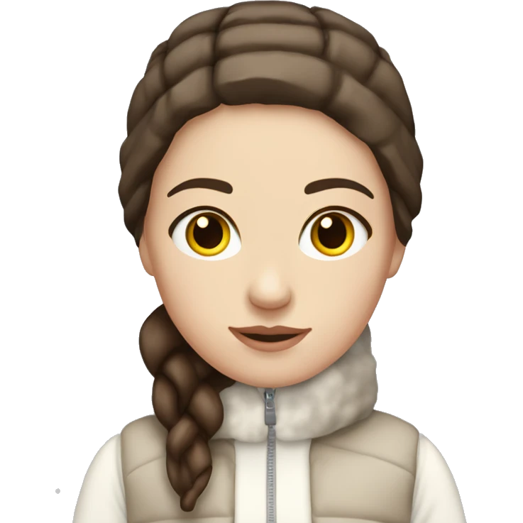 white girl with straight brown hair and dark brown eyes wearing a white and brown winter outfit emoji