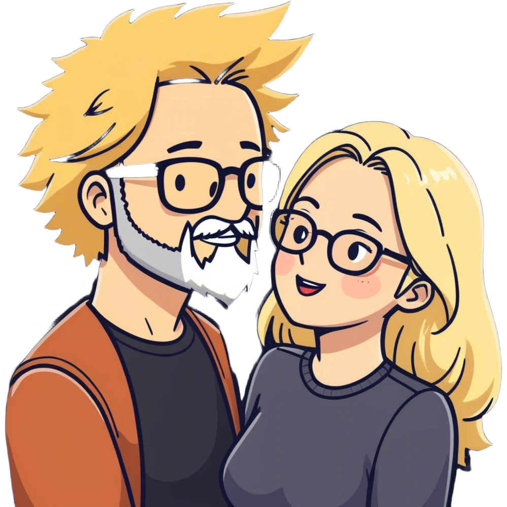 Hyper realistic couple in love, man had short spiky salt and pepper hair and a short stubbly beard and no glasses. The lady is blonde long hair and curvy and wears glasses and makeup emoji