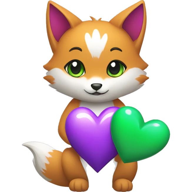 A Kitsune Holding a Purple Heart, a Green Heart and a White Heart emoji