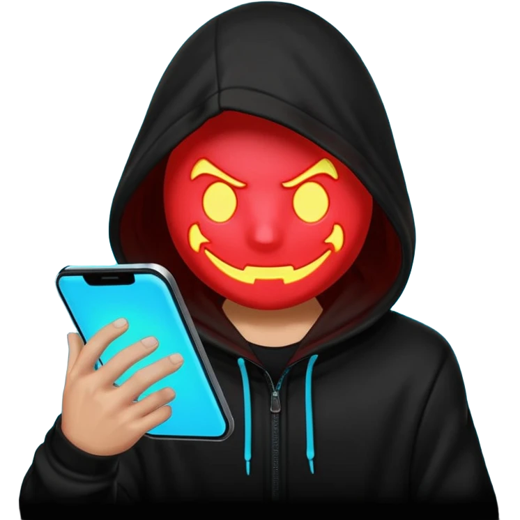 Black-hooded neon hacker emoji, red and cyan glow only, slamming glowing text “FTHESCAMMERS” with impact flash, aggressive anti-scam vibe, smooth 2-second loop, transparent background, Discord sticker style, no new colors. emoji