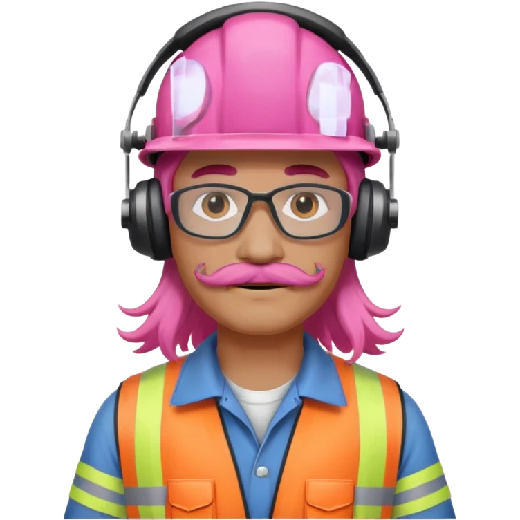 construction worker with long pink hair and ppe headphones and mustache emoji