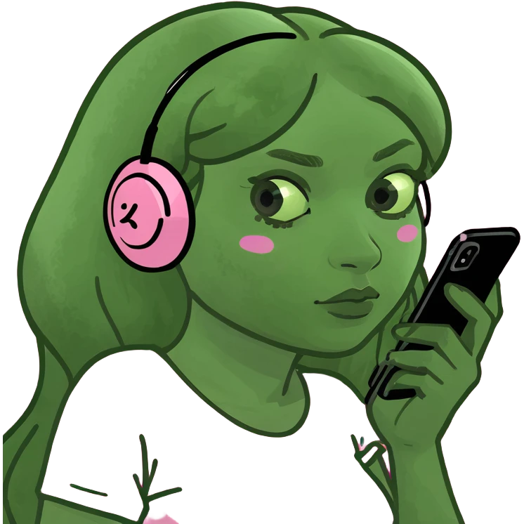 kawaii girl scrolling on pink cell phone emoji