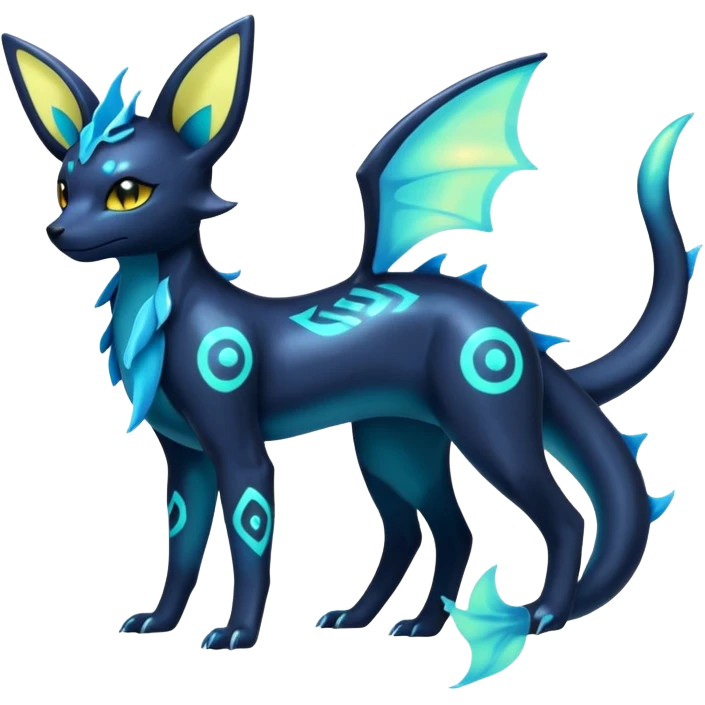 Shiny Aural Iridescent Fluorescent Bioluminescent Umbreon-Amaura-Salandit-Vaporeon-Fakémon-fusion (full body) emoji