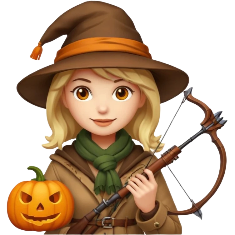 female human monster hunter emoji, wearing brown coat and hat, holding crossbow, soft smile, scarf, glowing pumpkin by her side, Halloween fantasy style, clean vector Apple emoji look, bright colors, white background, square emoji