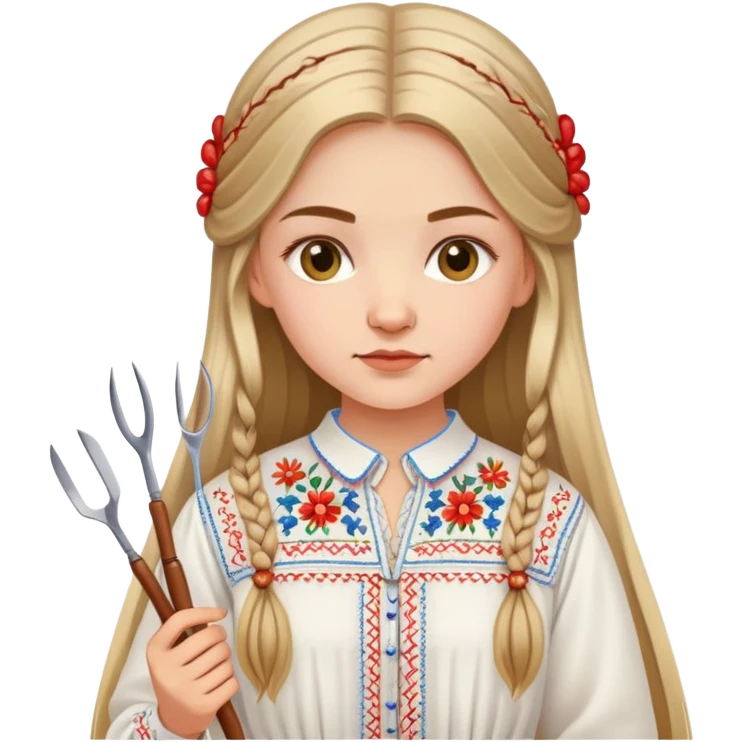 Ukrainian young girl with long hair wearing a white embroidered traditional shirt (vyshyvanka) holding sewing tools like a needle and thread emoji