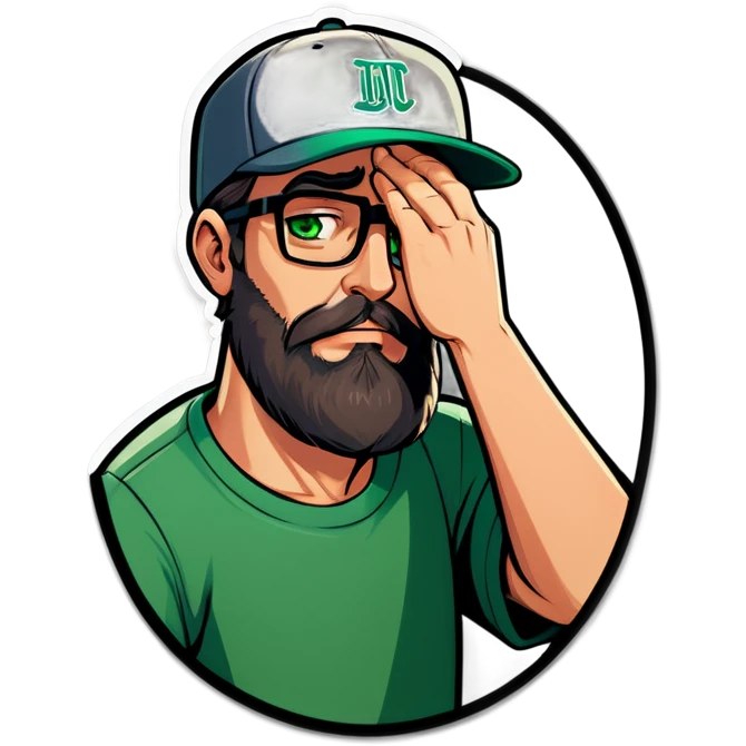 A man with a grey baseball cap, green eyes, big dark brown beard and glasses, facepalm emoji