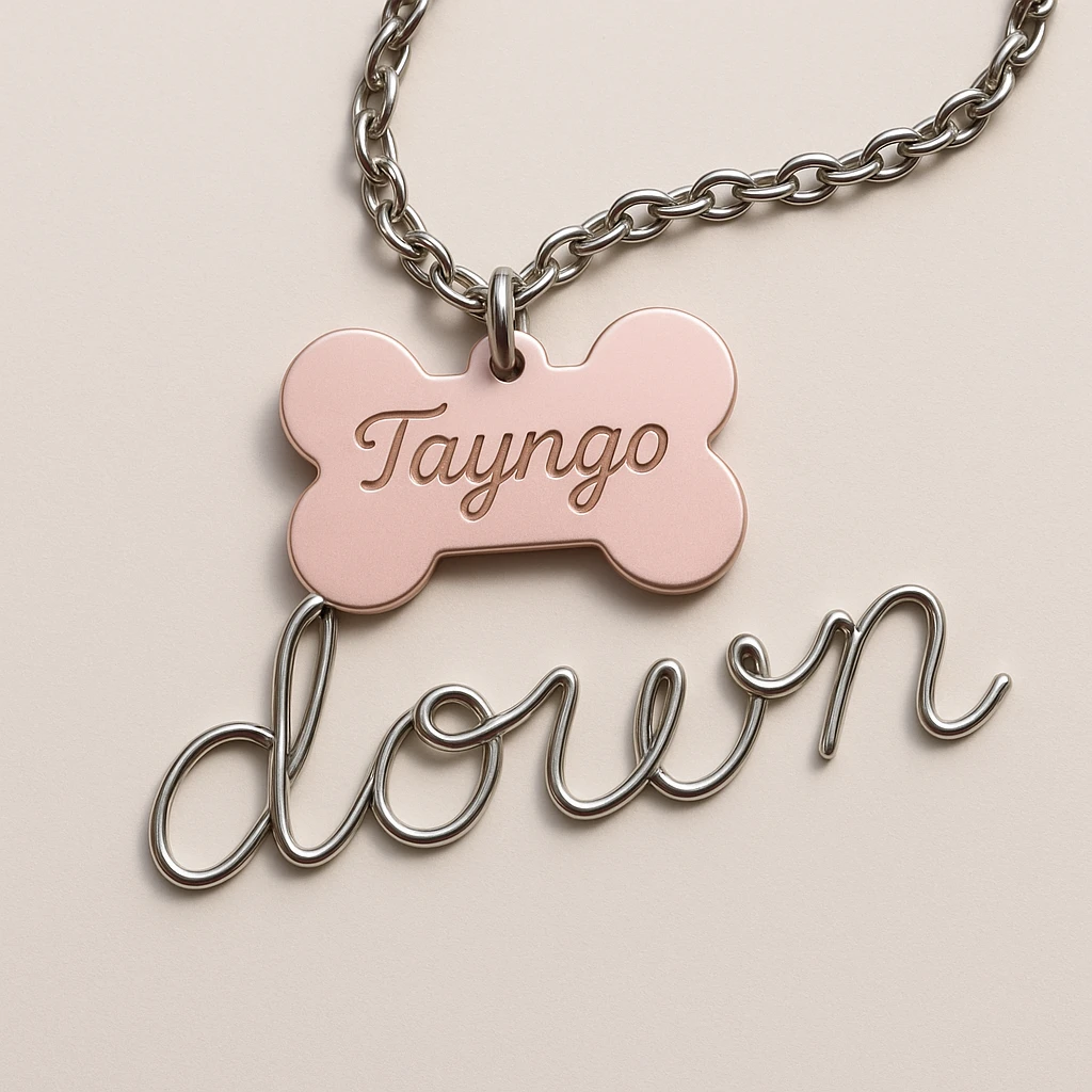 light pink dogtag with 'Tayngo' engraved, chain forms the word 'down' in cursive emoji