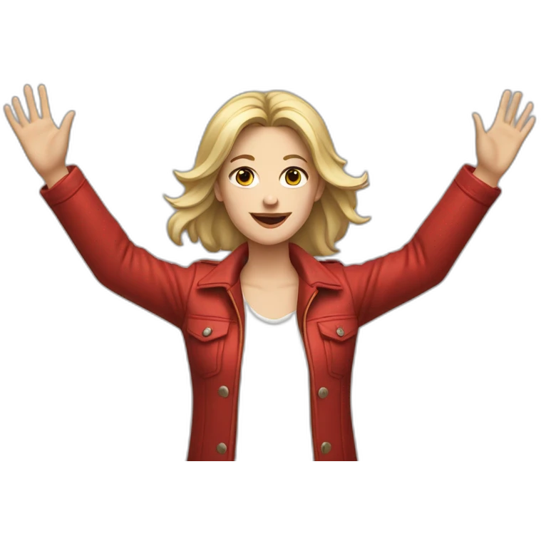 Young white woman, wearing white shirt and red jacket, both hands up  emoji