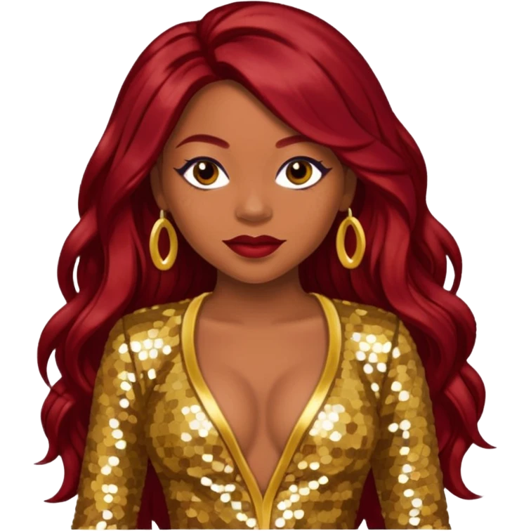 LaTavia Robeson with long dark red hair, gold sequin outfit emoji