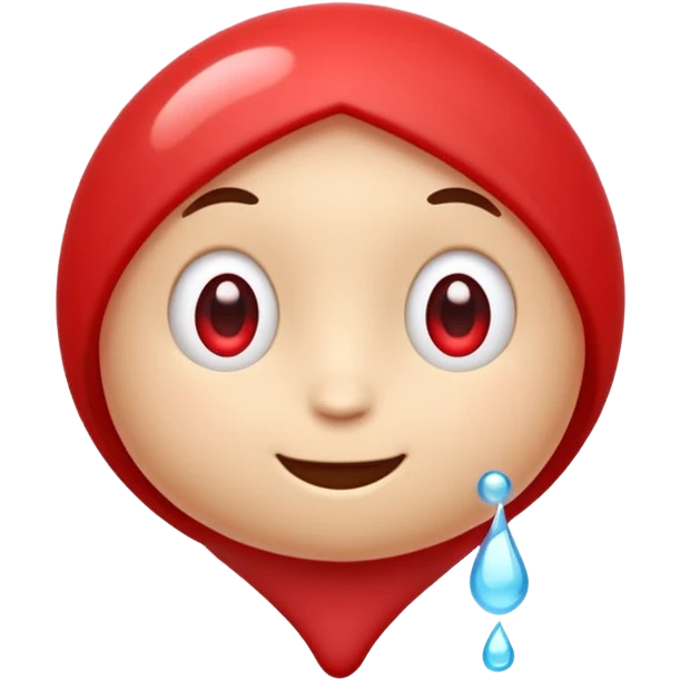 Cute red emoji character shaped like a droplet or jelly bean, with expressive eyes and a clever smile. Holding a small compressed bubble of content, like a tiny scroll or speech balloon. Symbolizes fast, smart summarization. Friendly and modern look, minimal lines, clean white background. emoji