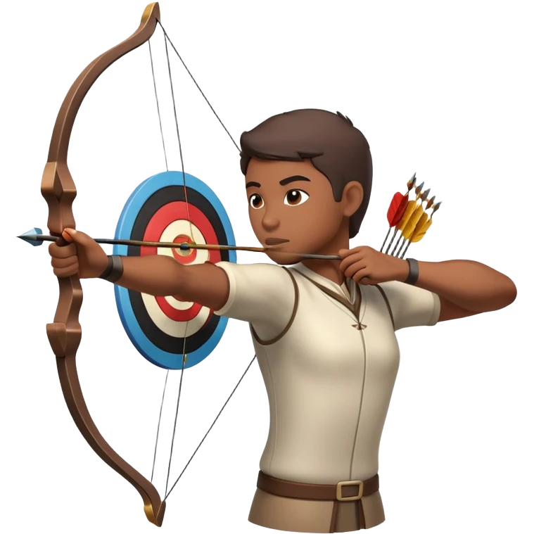 An archer drawing a bow and aiming an arrow at a target, with perfect focus and precision. The target is visible in the background, featuring concentric rings. The scene captures the concentration and skill involved in archery, emphasizing the elegance and accuracy of the sport. emoji