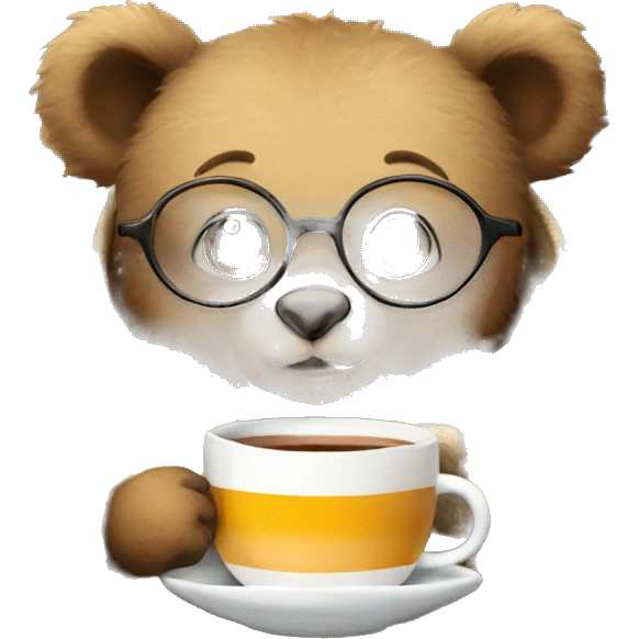 A baby bear wrapped in a blanket with glasses and a cup of tea or coffee with a book emoji