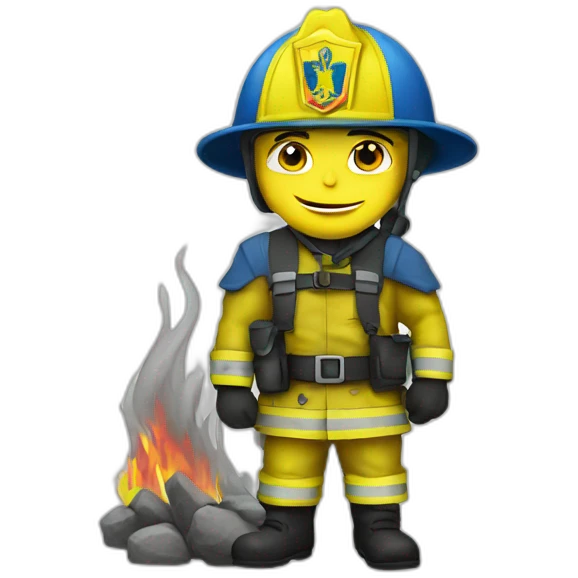 Ukrainian firefighter with the flag of Ukraine puts out the fire emoji