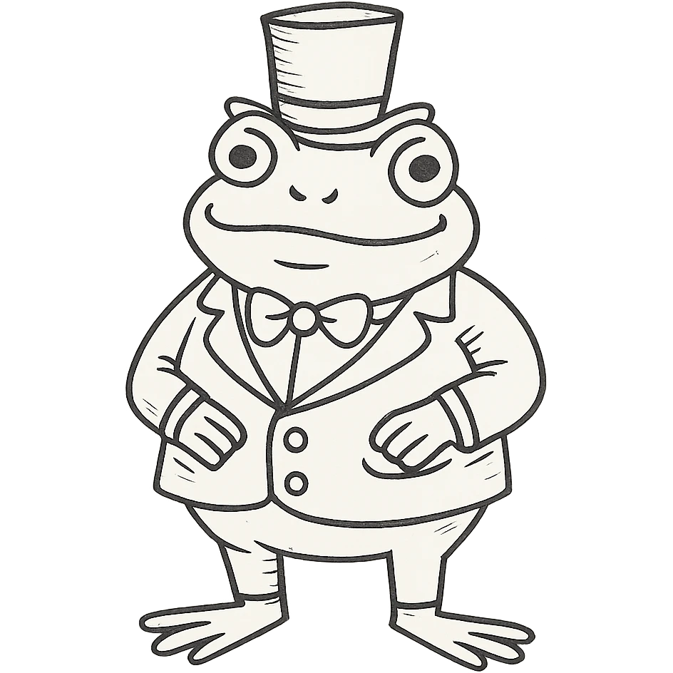 hand-drawn frog in a green suit with a top hat looking wealthy emoji