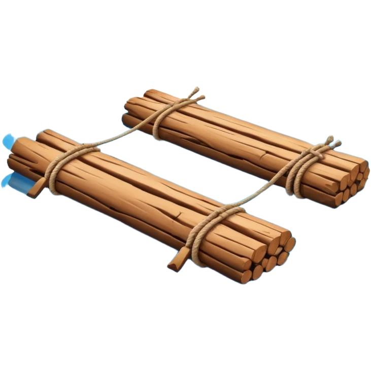 showing a simple wooden raft floating on calm blue water — made of several brown logs tied together with rope — gentle ripples around it — bright, cheerful lighting and soft shadows — minimalist, clean emoji design emoji
