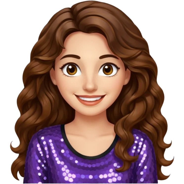 30 yr old italian woman, long brown wavy hair, big brown eyes, huge smile, sequin shirt, no bangs,  emoji