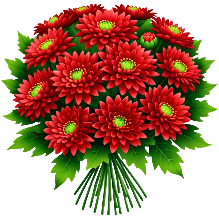 big bouquet Bright Red Chrysanthemum, luxuriant, leaf, bud emoji