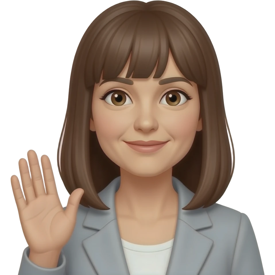 frau um die 50 mit langen braunen haaren und pony, braune augen  augen bissel kleiner, grüßend, gesicht schmalergrüßend emoji