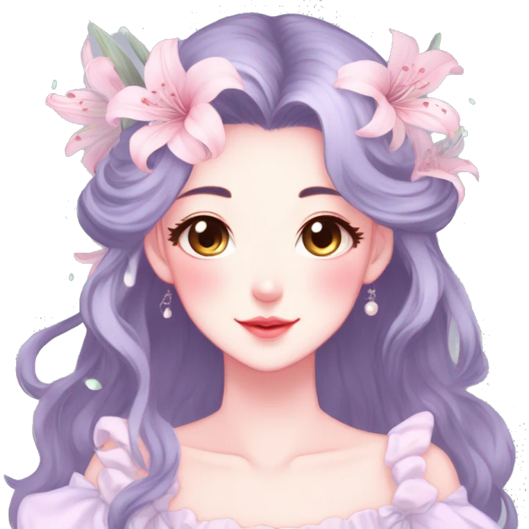Gorgeous pastel anime style lady with blushing face and lilies cottagecore fairycore pastelcore colorful pearly romantic simplistic aesthetic trending style emoji