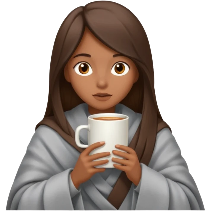 A girl with brown eyes, an ios emoji, long straight hair, wrapped in a gray blanket, and drinking from a New Year's mug emoji