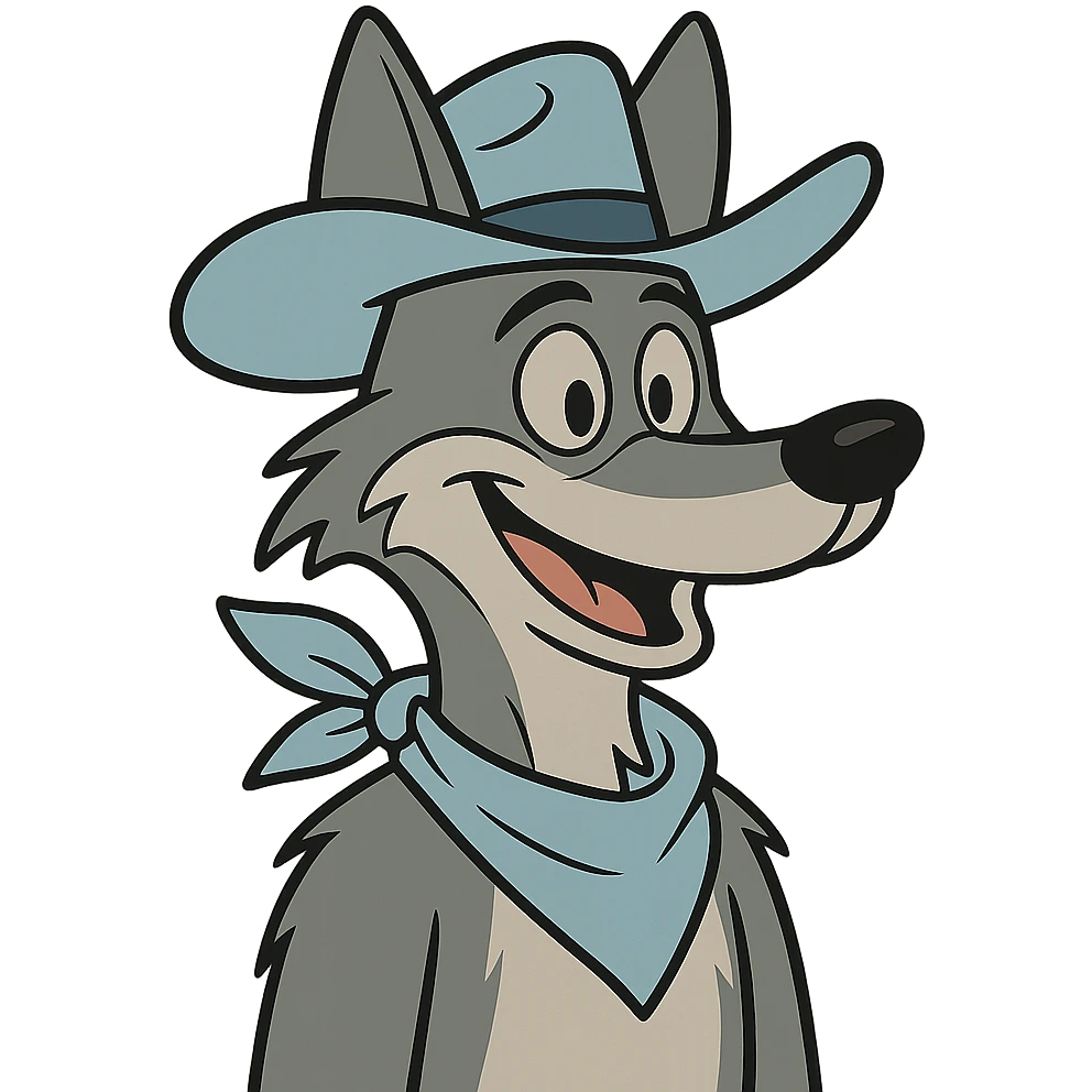 grey coyote, less anthropomorphic, light blue cowboy hat, light blue neckerchief, smiling, flat toon style emoji